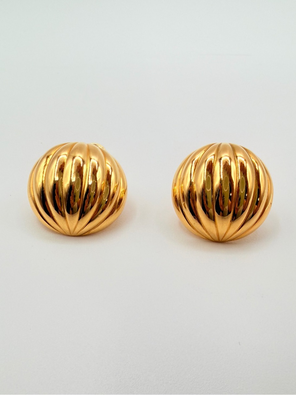 Monet Gold Tone Ribbed Clip On Earrings Vintage Dome